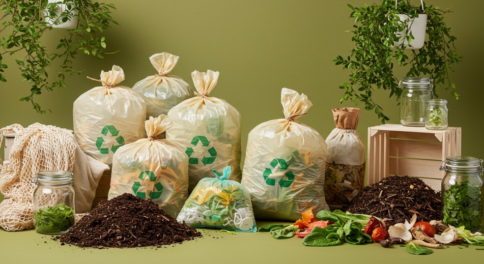 Eco-friendly trash bags featuring recycling symbols next to compost.