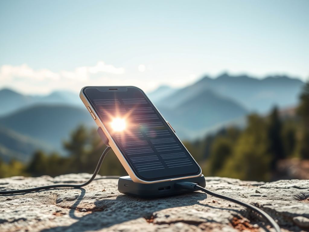 Solar panel charging a device outdoors with mountains in the background.